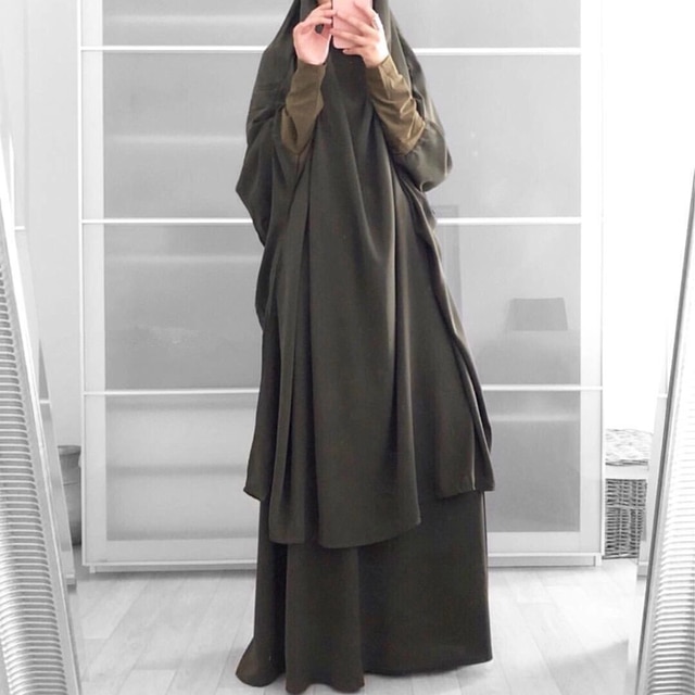 Ramadan Eid Frauen Gebet Bekleidungs Muslimischen einstellen 2 Stück Passenden Outfit Mit Kapuze Khimar Hijab Lange Felsen Abaya Islam Saudi Kleidung: Armee Grün