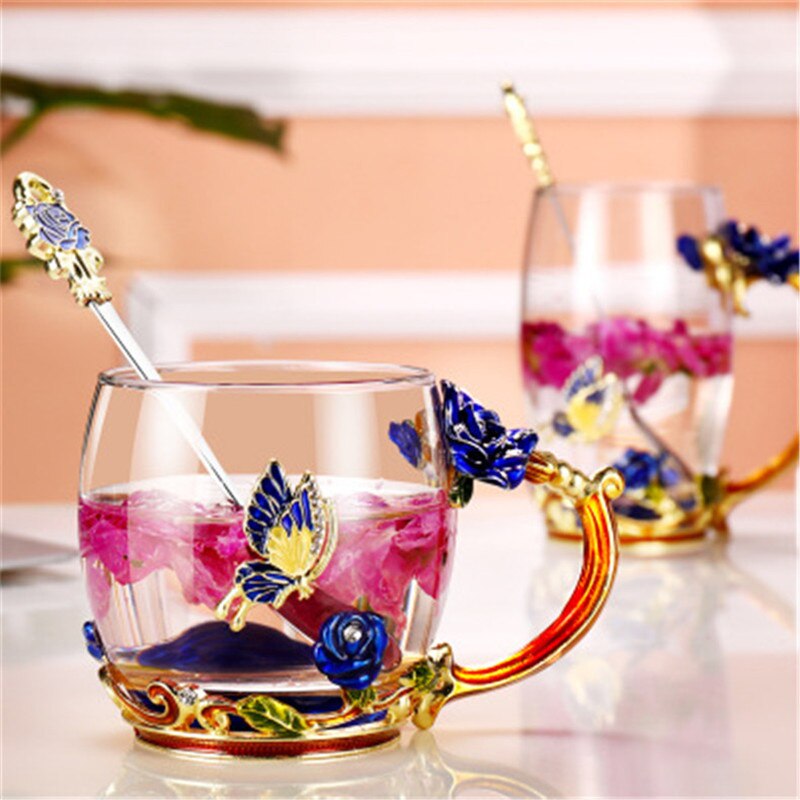 Te glas emalje kaffekop skønhed blomst blå roser krus til og kolde drikke te juice kop ske sæt perfekt bryllup