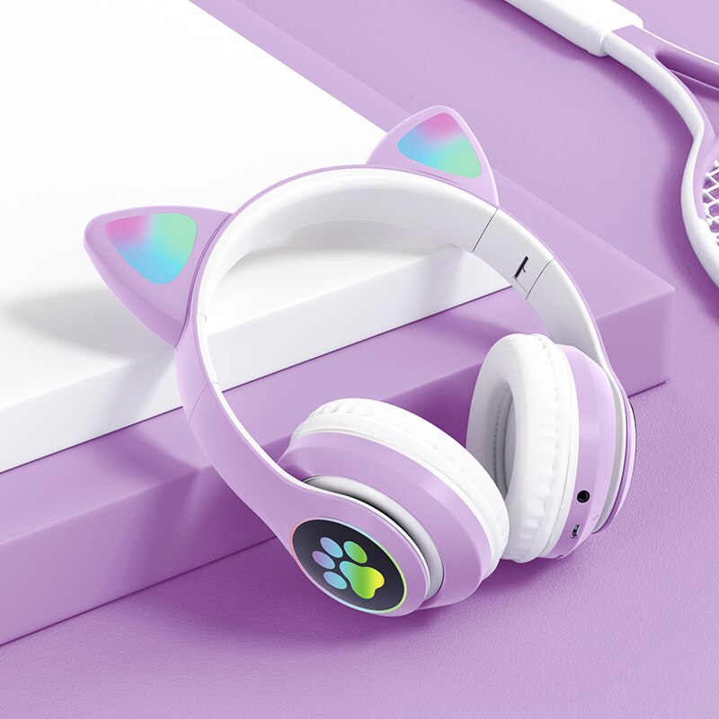 Wireless Headphones for Kids & Adults - RGB Cat Ear Bluetooth 5.0 with Mic, Noise Cancelling, TF Card Support: Purple