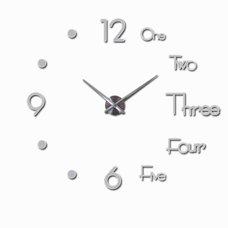 3D DIY Large Wall Clock Modern Silent Wall Sticker Clock Acrylic Mirror Self adhesive Wall Clocks Living Room Home Decor: Silver