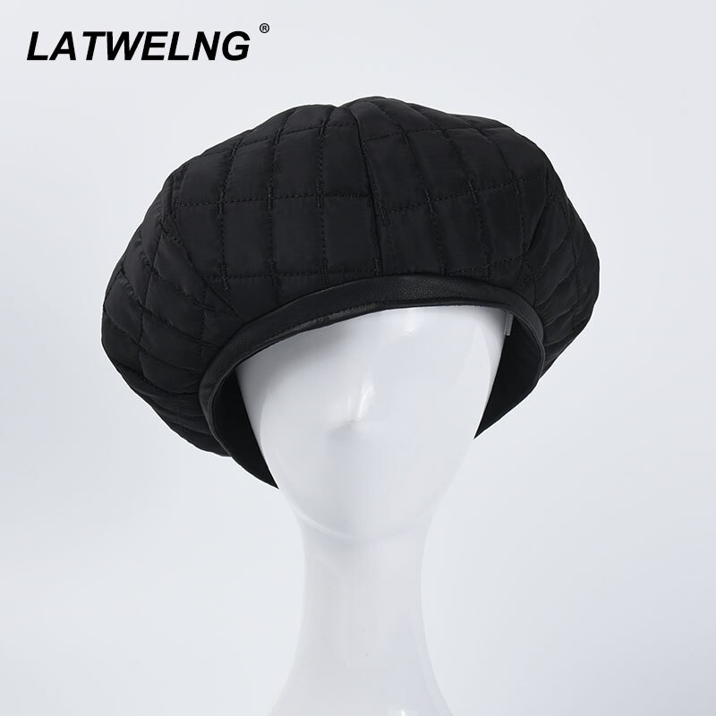 Women Black Plaid Beret Oversized Berets Female Japanese Warm Big Pumpkin Hat B070