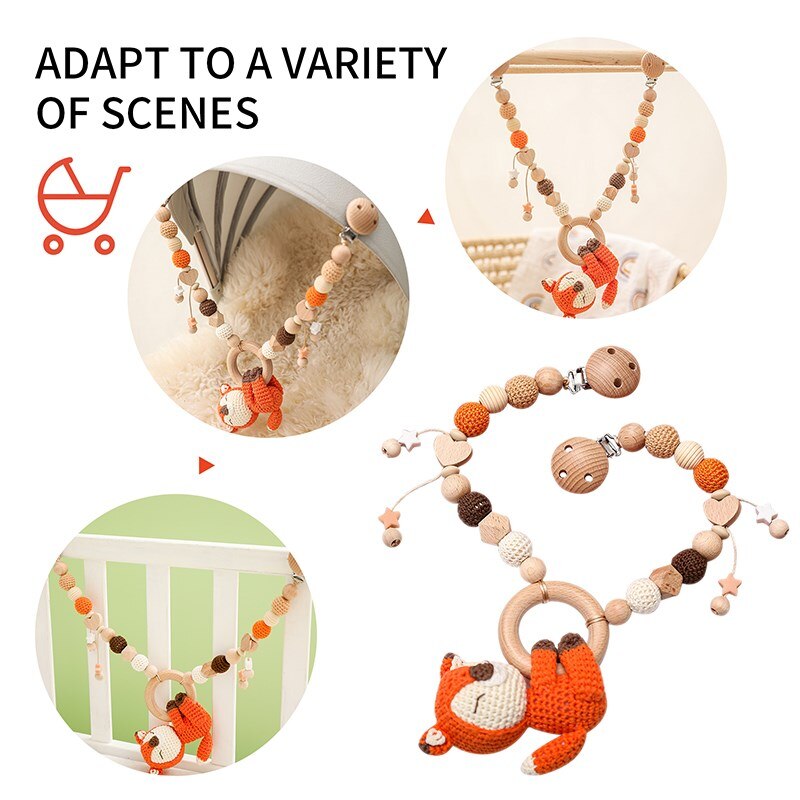 Cartoon Dier Wandelwagen Speelgoed Houten Kinderwagen Clip Speelgoed Gehaakte Rammelaar Ketting Mobiele Houder Dummy Clip Speenketting Voor Baby Cadeau