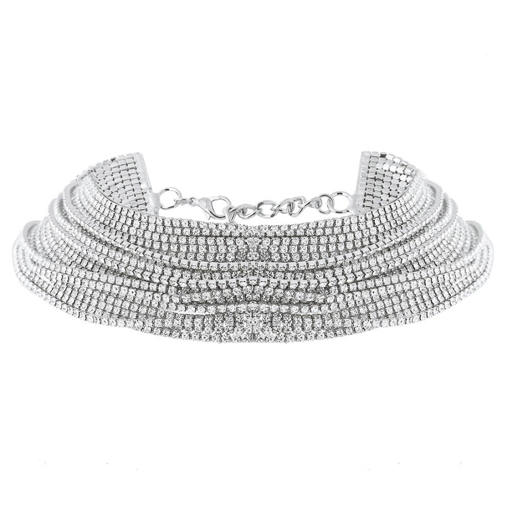 simple crystal necklace for women multirow rhinestone female choker Naszyjnik halsketting: silver