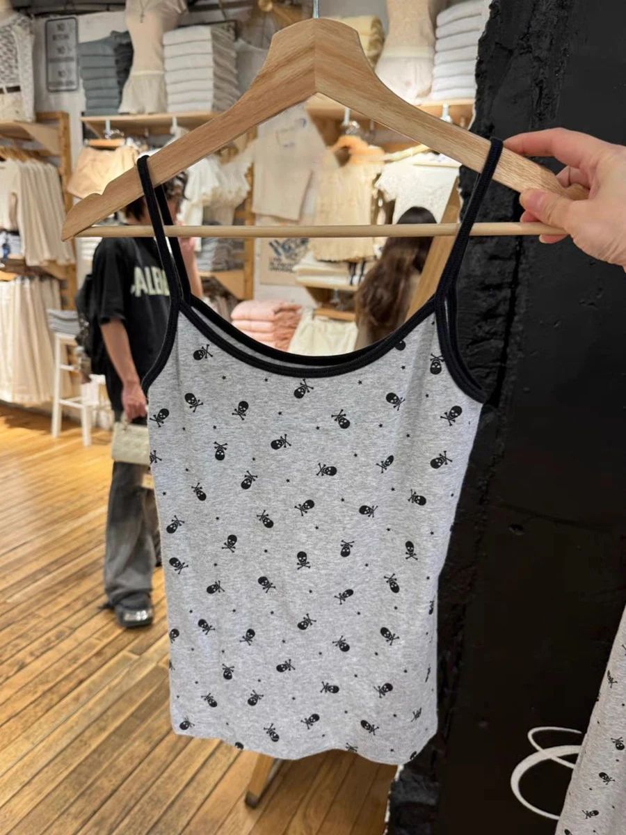Söt liten hjorttryck smal crop top kvinnor sommar bomull ärmlös beskuren linne harajuku avslappnad söt linnen  y2k: Mörkgrön