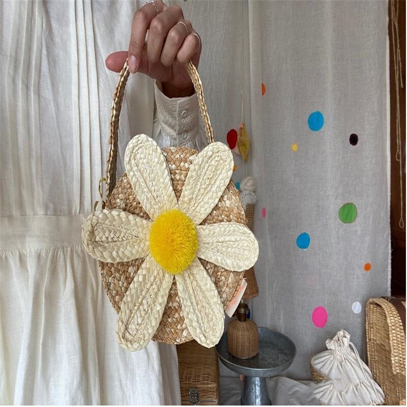 corée du sud mêmes ins vent daisy fleur sac sac de paille tissé à la main sac à main pour enfants mignon fille sac de paille