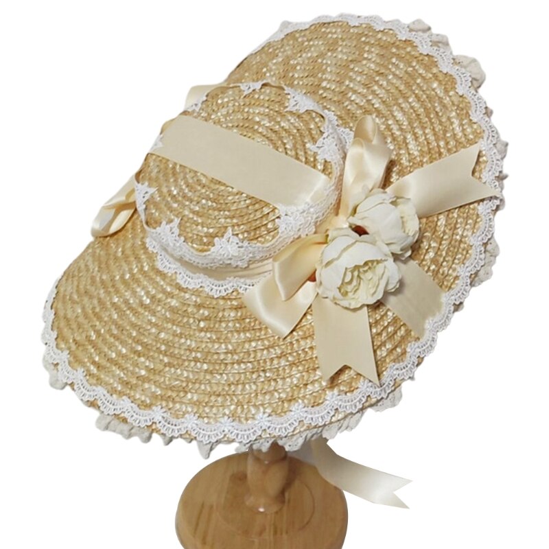 Japanese Lolita Sweet Handmade Straw Sun Hat Lace Patchwork Ribbon Bandage Bowknot Wide Brim Tea Party Flat Cap: A