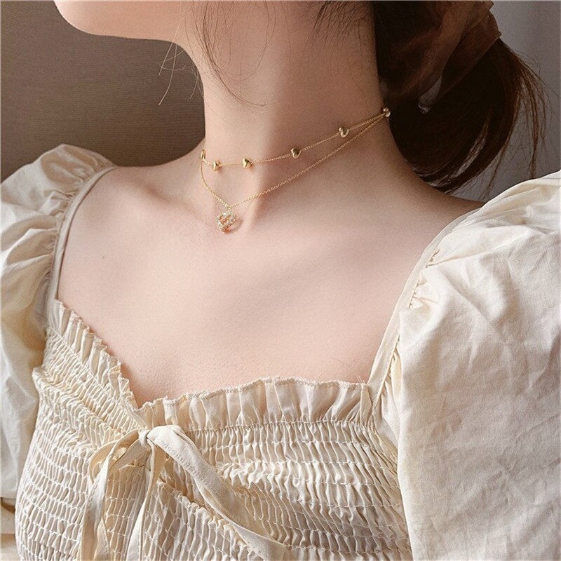 Double layer Chain Heart Choker Necklace For Women Gold Chain Korean Style Collar Female Chocker Aesthetic Jewelry