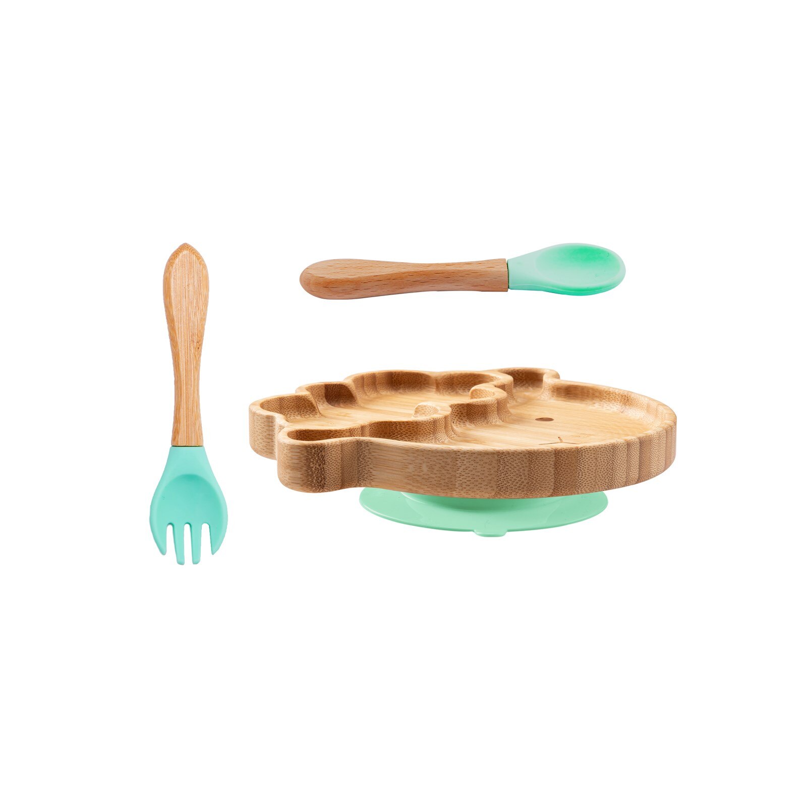 Cuenco de bambú para alimentación de bebé, juego de vajilla de silicona con ventosa, antideslizante, resistente al agua, tenedor, cuchara, 4 piezas: 3pcs-J