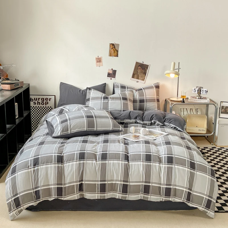 Housse de couette respectueuse de la peau, 4 pièces, housse de couette de Style écossais, housse de lit Double face, Wojельное белье, housse de couette pour la maison: Plein / GRIS / FEUILLE PLATE