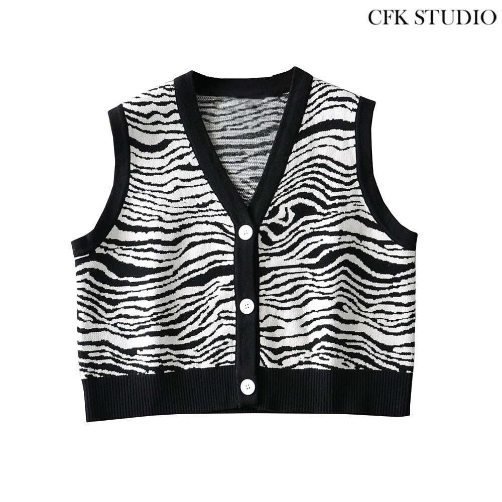 Za Vrouwen Vest Met Zebra Print Mouwloze Gebreide Top Femme Casual High Street Zwarte Top