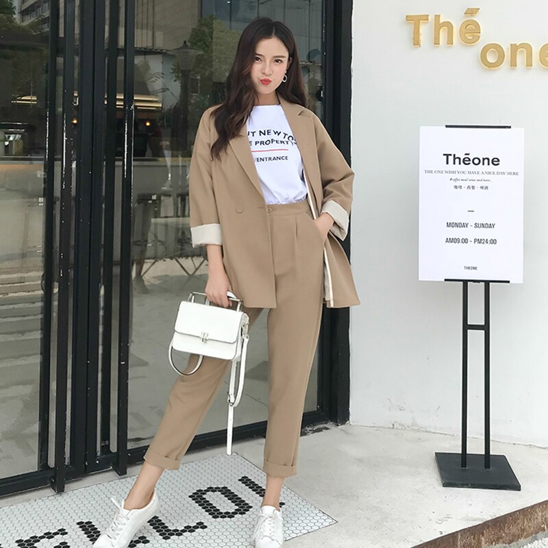 Fanco Casual Solid Color Women Pant Suits Trun Down Collar Blazer Jacket Trousers Khaki Female Office Lady Autumn