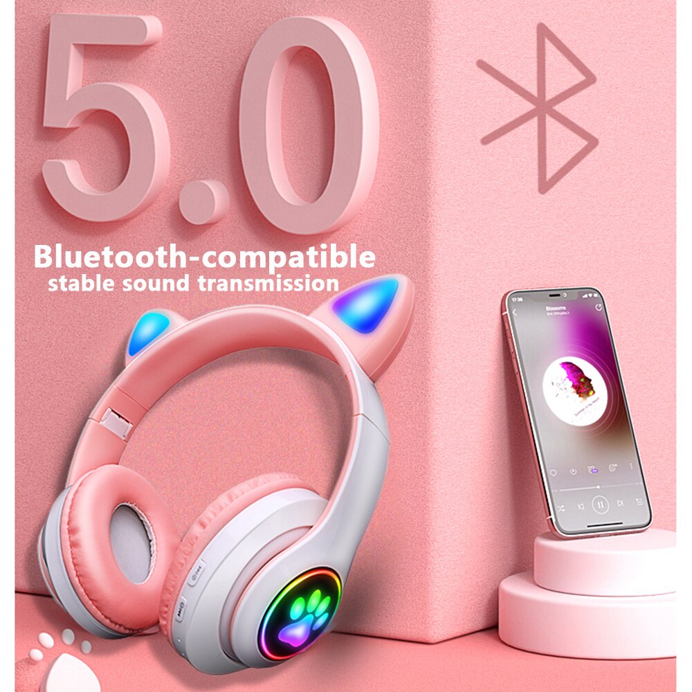 Różowe słodkie kocie uszy bezprzewodowe słuchawki zestaw słuchawkowy zgodny z Bluetooth Stereofoniczne składane słuchawki z mikrofonem muzyka prezent dla dziewczynki
