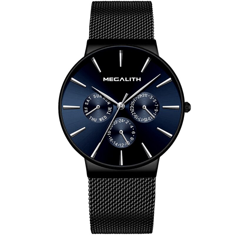 MEGALITH relojes para hombre, reloj de pulsera resistente al agua de lujo, reloj de cuarzo ultrafino para hombre, reloj deportivo Erkek Kol Saati: black-6