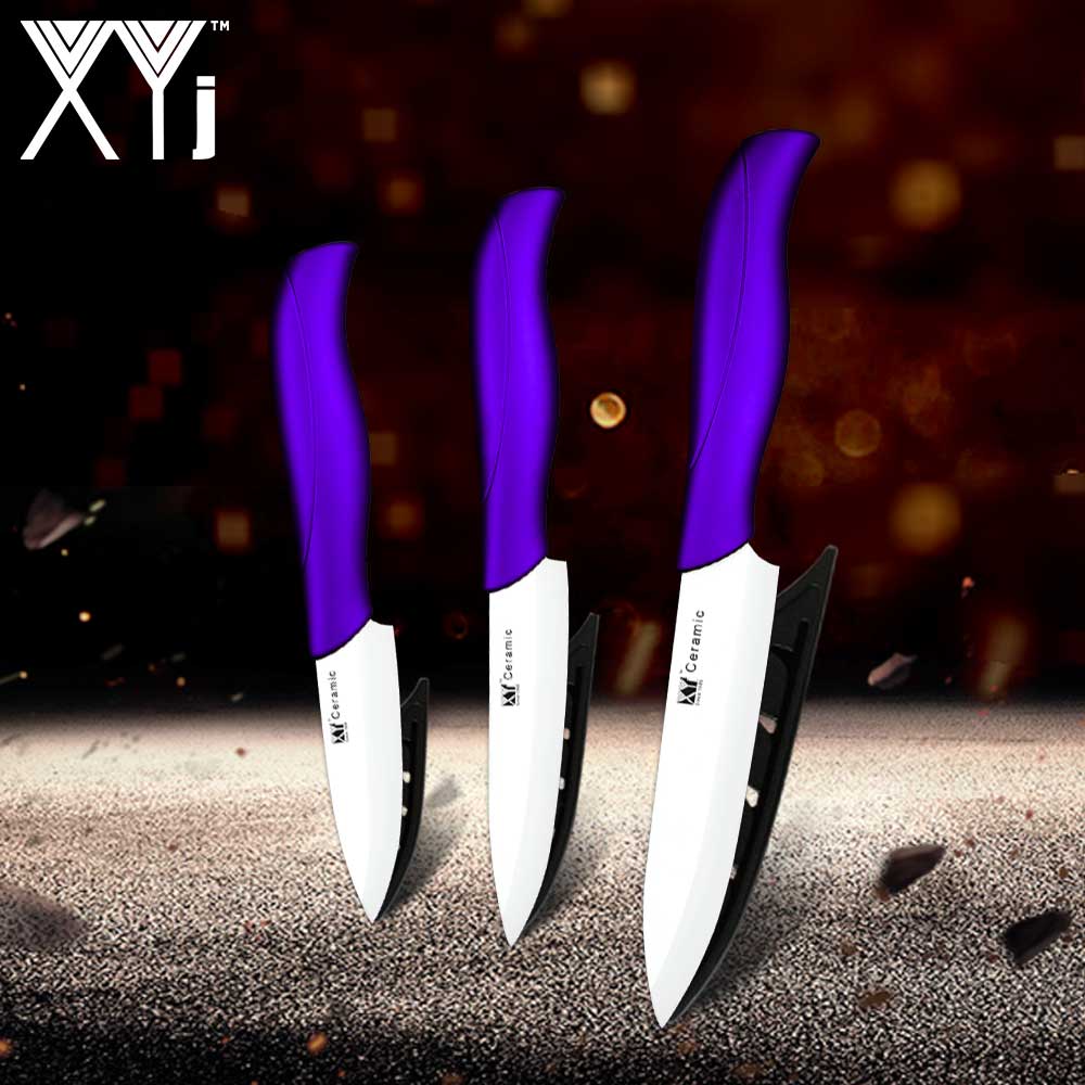 Xyj kök keramiska kniv set 3 " paring 4 " utility 5 " skivare matlagning keramiska knivar skarpt blad bekvämt handtag kockar verktyg: Lila h vit b