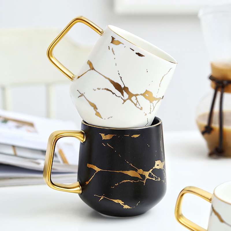 Creatieve Verse Nordic Stijl Marmeren Matte Gouden Keramische Cup Koffie Mok Met Houten Deksel Lade Mok Koffie Mok