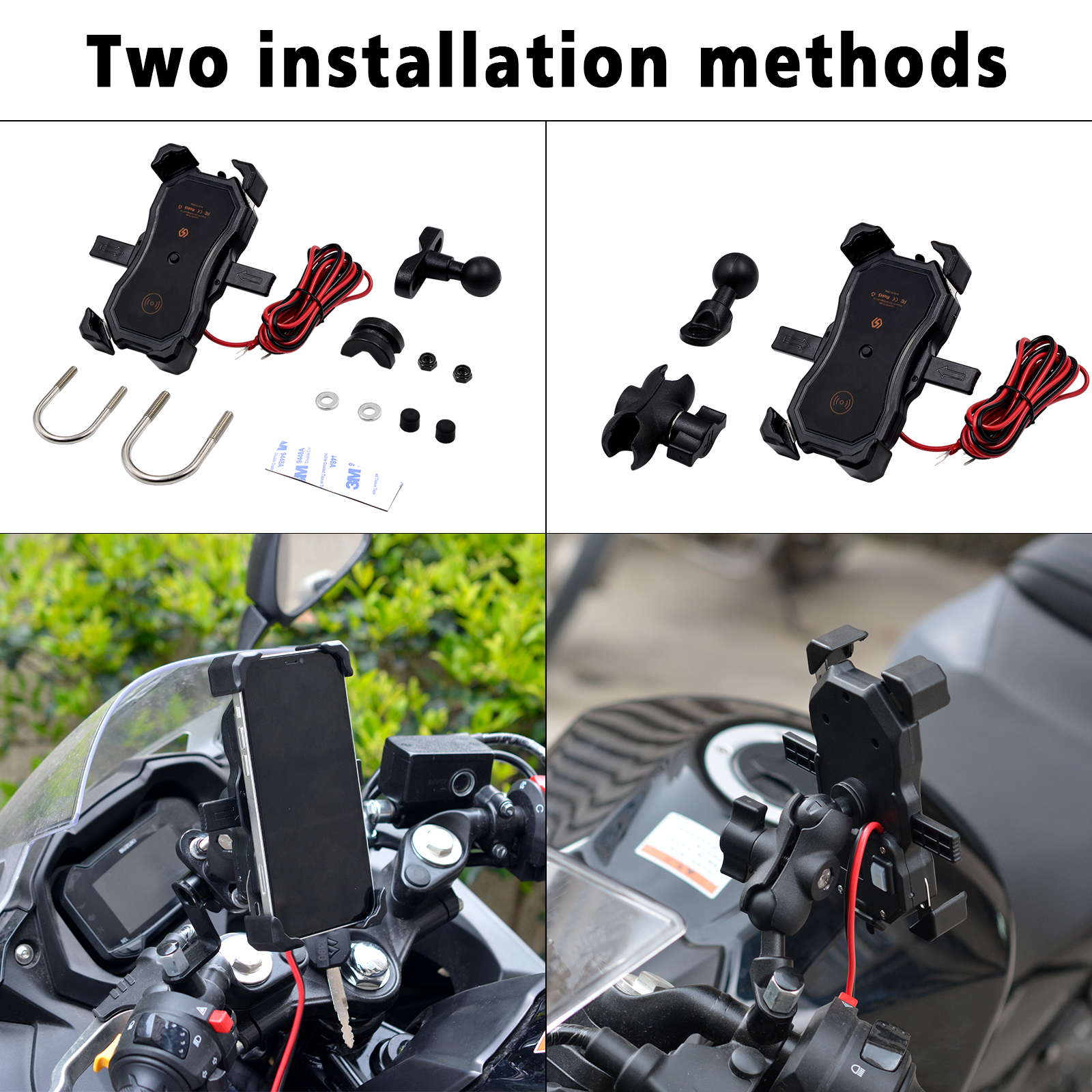 Soporte para teléfono móvil de motocicleta, cargador inalámbrico y cargador USB QC3.0, soporte de montaje en manillar de navegación GPS, carga inalámbrica Qi