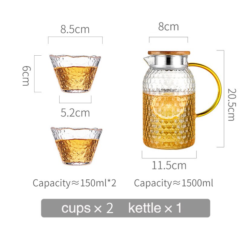 Oneisall water pitcher Glass Water Pot 1500Ml Heat Resistant Water Jug and glass set Square Kettle Boiling For Tea Home chaleira: 2 water glasses