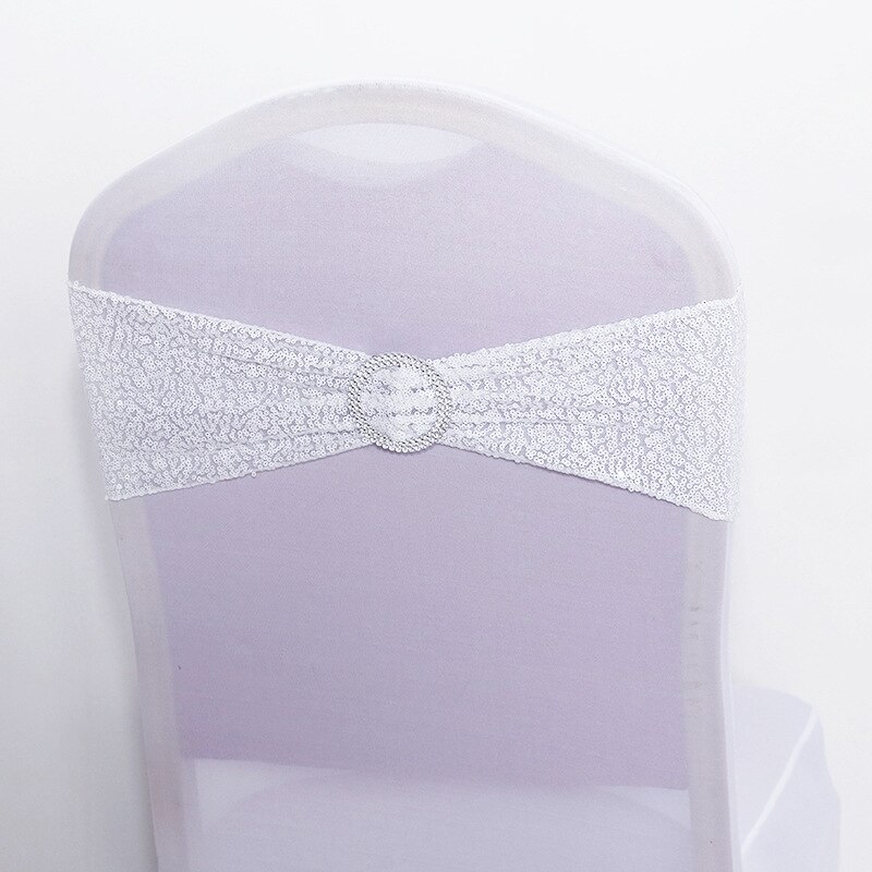 Sequin Chair Bands Stretch Spandex Chair Sash Band with Round Buckle for Wedding Events Banquet Decoration Party Supply: White Chair Band