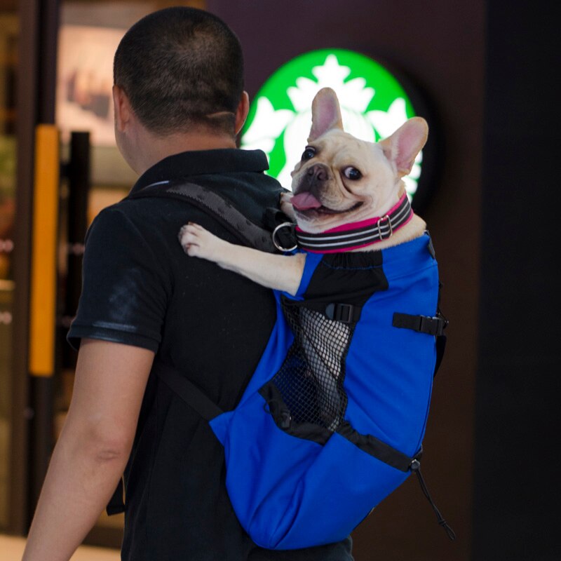 Adjustable Pet Dog Outdoor Travel Backpack for Hiking Cycling Reflective Carrier Bag for Dogs French Bulldog Pug Carrying Bags: Blue / M