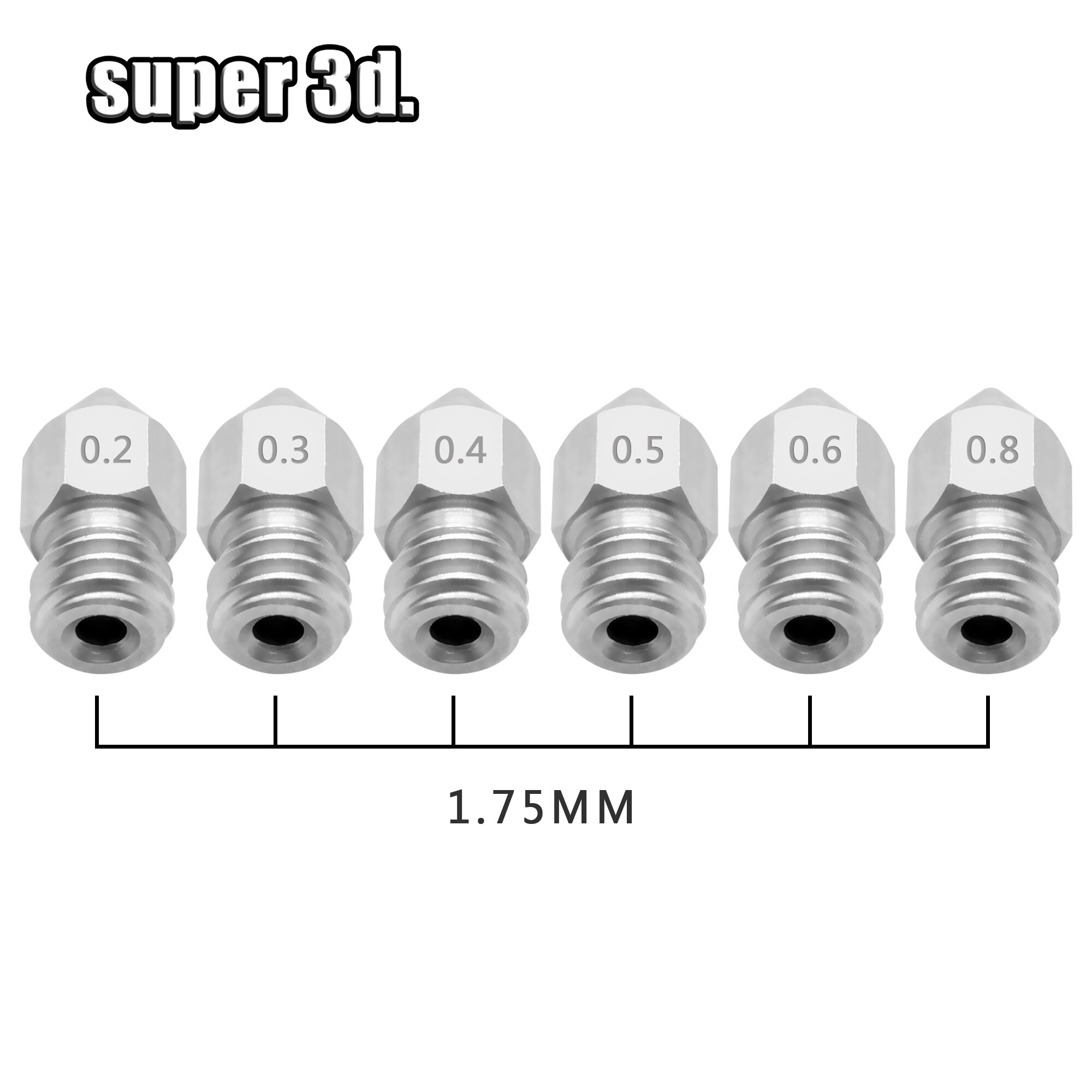 5pcs MK8 Nozzle 0.2/0.3/0.4/0.5/ 0.6/0.8mm 3D Printers Parts Extruder Threaded for 1.75/3.0mm Filament Stainless Steel Part