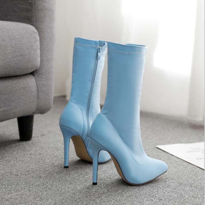 femmes Ankel bottes nouvelles femmes tissu élastique bottes couleur bonbon pointu bottes à talons hauts bleu ciel jaune chaussons chaussures