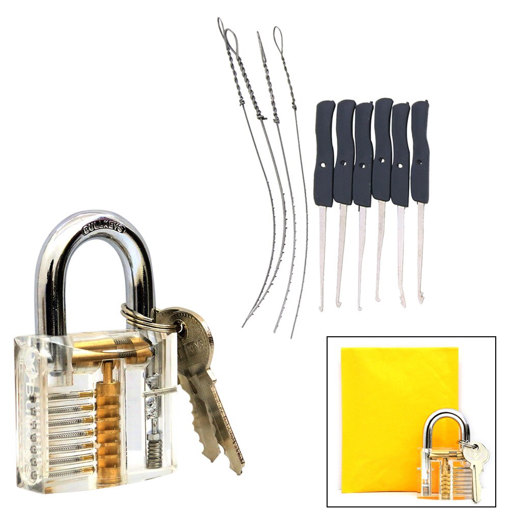 Locksmith Tool Transparent Visible Pick Cutaway Practice Padlock Lock W/Broken Key Removing Hooks Lock Extractor Set