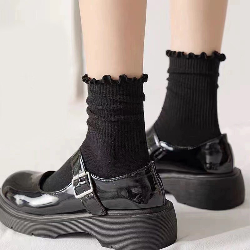 Calcetines con volantes para mujer, 3 par/lote, tubo medio hasta el tobillo, Calcetines blancos y negros transpirables, Calcetines femeninos para primavera y otoño