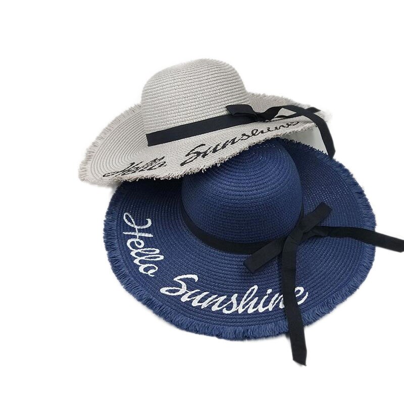 summer Hello Sunshine Sequin letter wide brim sun hats for women Beach vacation girls straw hat
