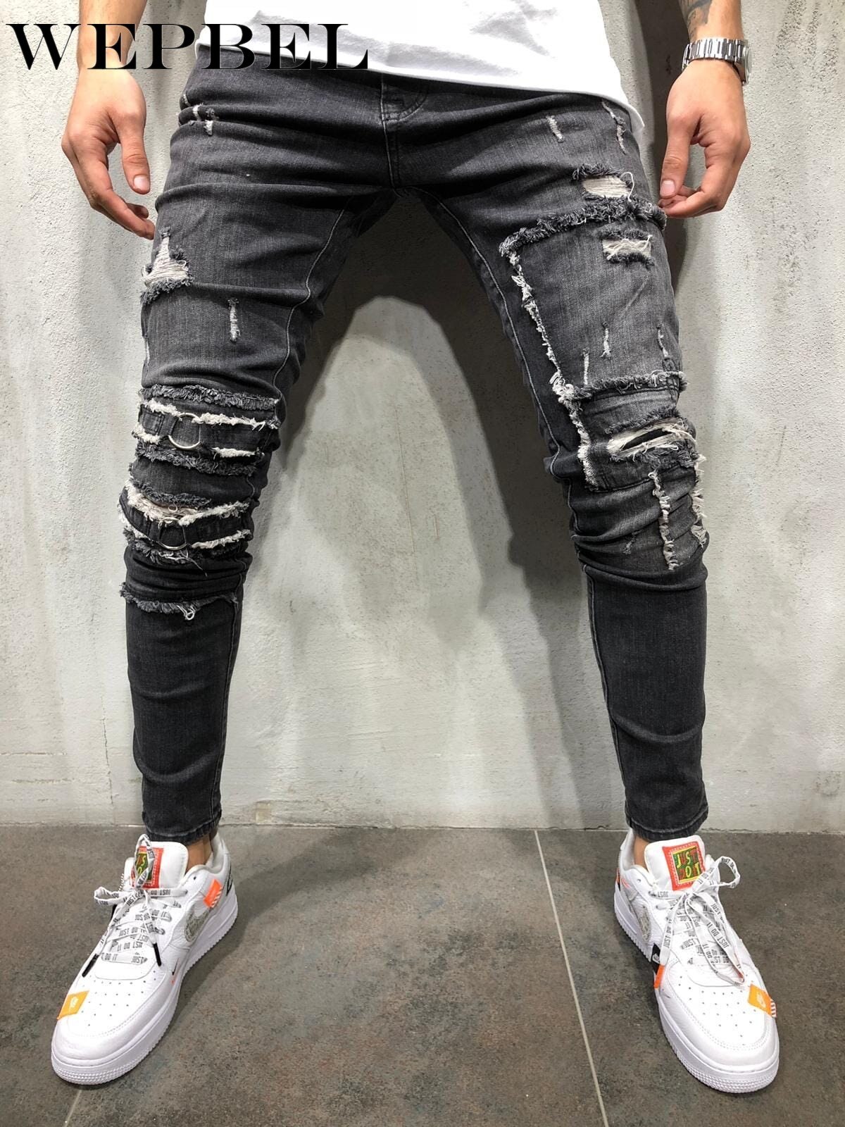 WEPBEL rue Hiphop hommes genou trou Stretch Denim pantalon déchiré mendiants Punk gothique maigre fond fermeture éclair Biker jean