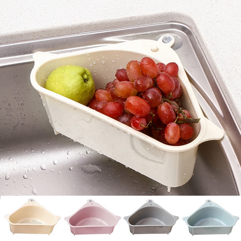 Sink Filter Kitchen Triangular Sink Filter Strainer Drain Vegetable Drainer Basket Suction Cup Sponge Holder Storage Rack #1