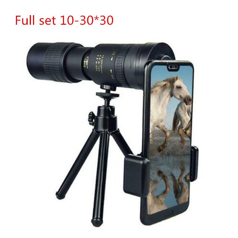 4K 10-30x30mm Night Vision High-definition High-power Telescope Telescope Super Telephoto Zoom Monocular Telescope Tripod: Full set 10-30x30