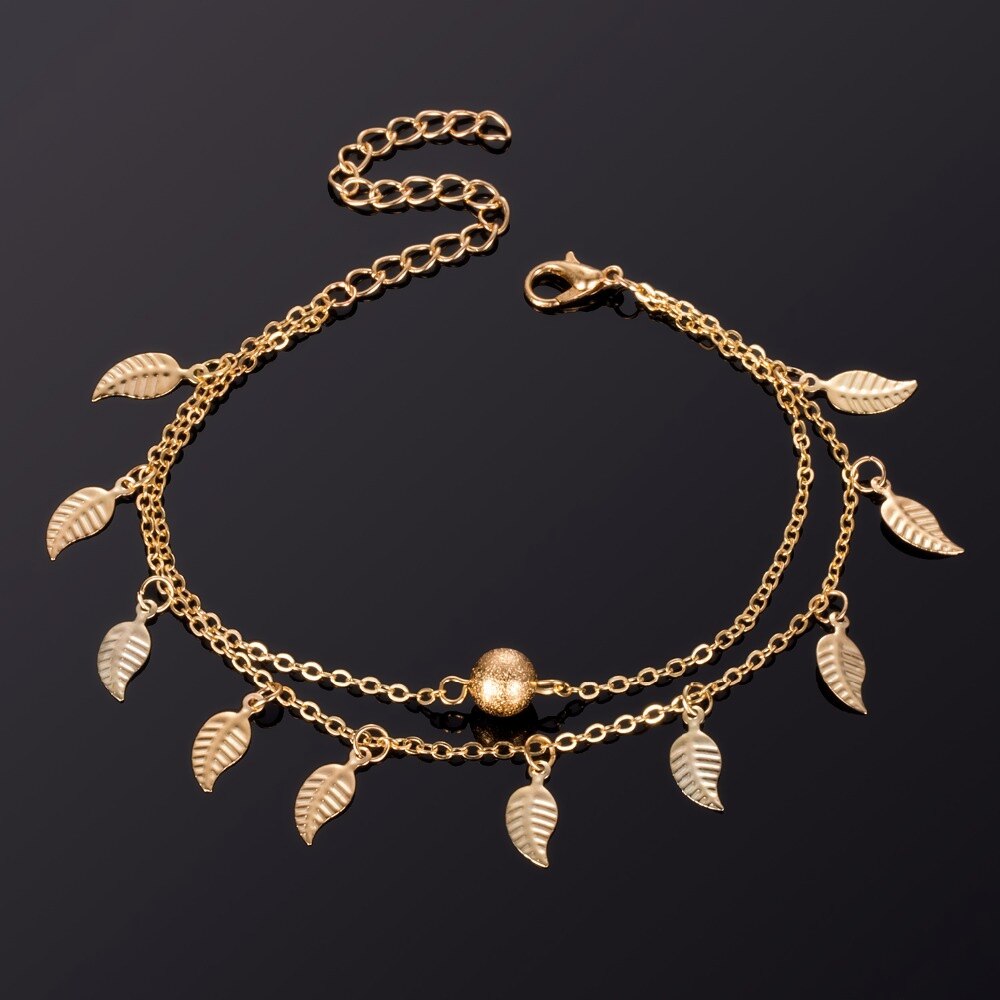 Bohemien Doppel Schicht Perlen Knöchel Armbinde für Frauen Bein Kette Leafs Quaste Fußkettchen Sommer Strand Fuß Schmuck Zubehör