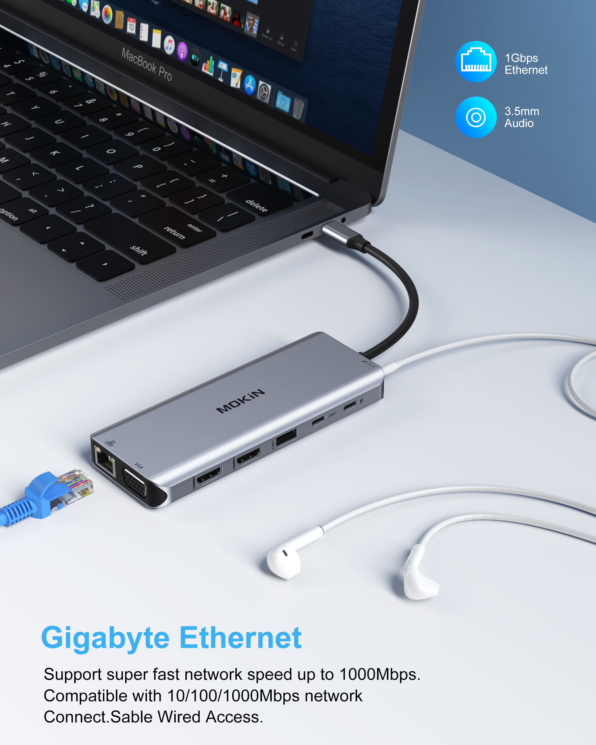 MOKiN-Station d'accueil VGA Gigabit pour touristes, hub USB de type C, 4K 60Hz, 3 USB 3.0 SD/TF, adaptateur PD100W pour MacPlePro Air Dallas M2