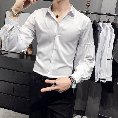 Couleur unie hommes chemises manches bouffantes discothèque scène fête sociale Blouse Chemise Homme coupe mince Streetwear hommes vêtements Camisas: WHITE / M