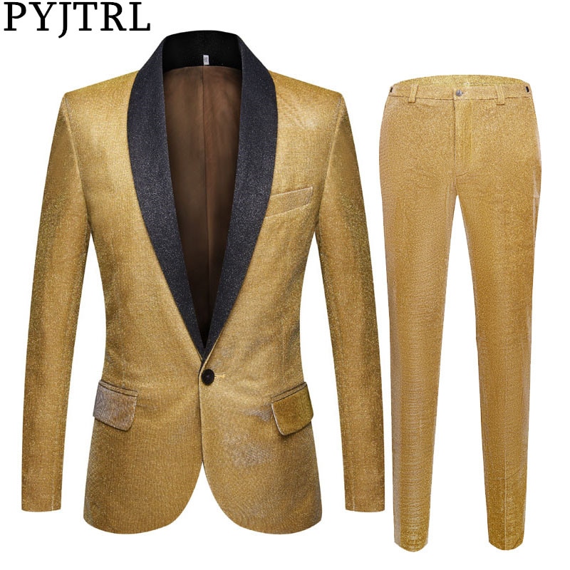 PYJTRL Mens Shiny Gold Purple 2 Pieces Set Suits Latest Coat Pant Designs Wedding Suits Tuxedos Party Prom Singers Clothing