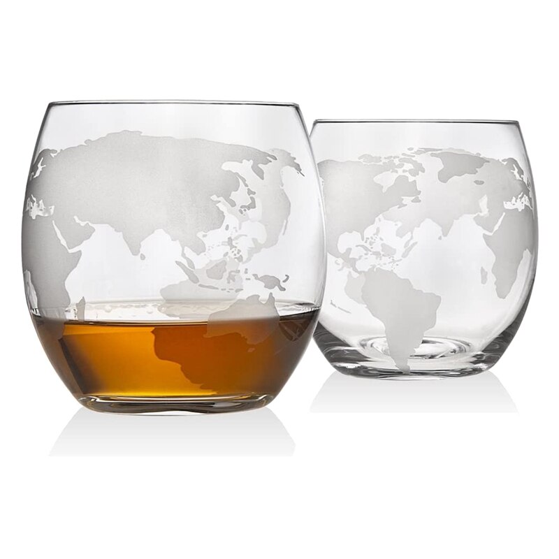 Whisky karaffel globus sæt med 2 ætsede globe whiskyglas - til spiritus, bourbon, vodka  - 850ml.