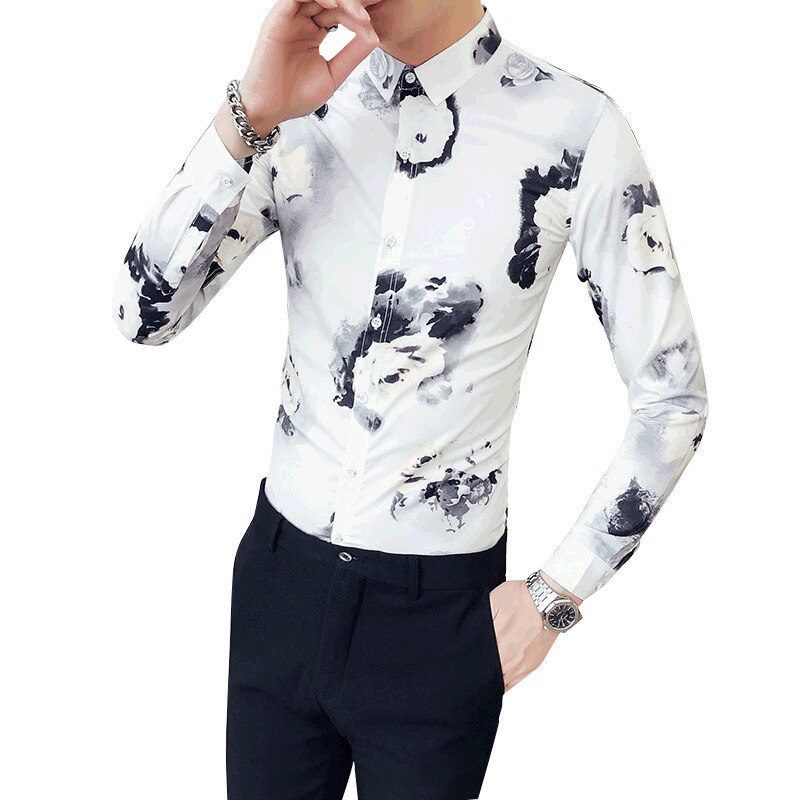 Primavera impresión coreana marea auto-cultivo camisa de manga larga de confort Casual camisetas de camisas masculina