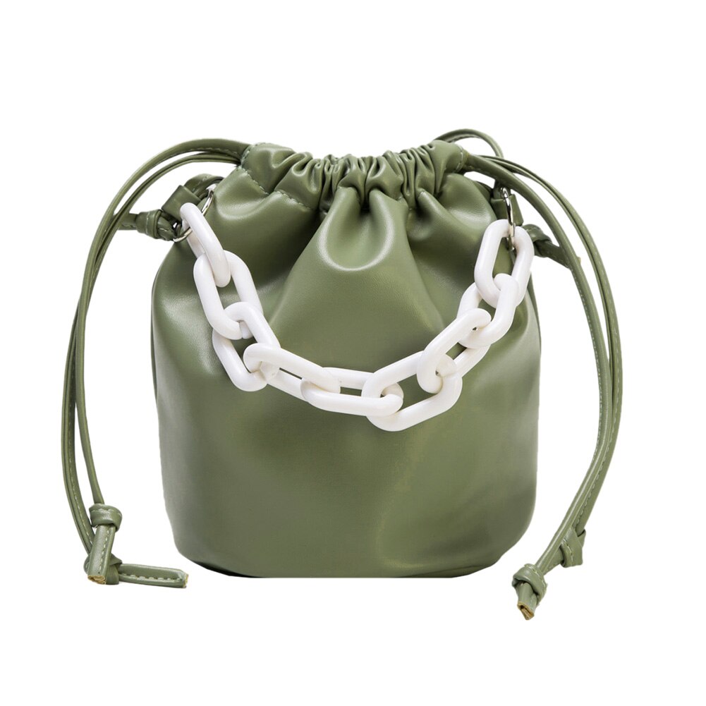 Drawstring Shoulder Bag Women PU Chain Bucket Handbags Female Solid Color Purse Youth Ladies Simple Versatile Bag: Green