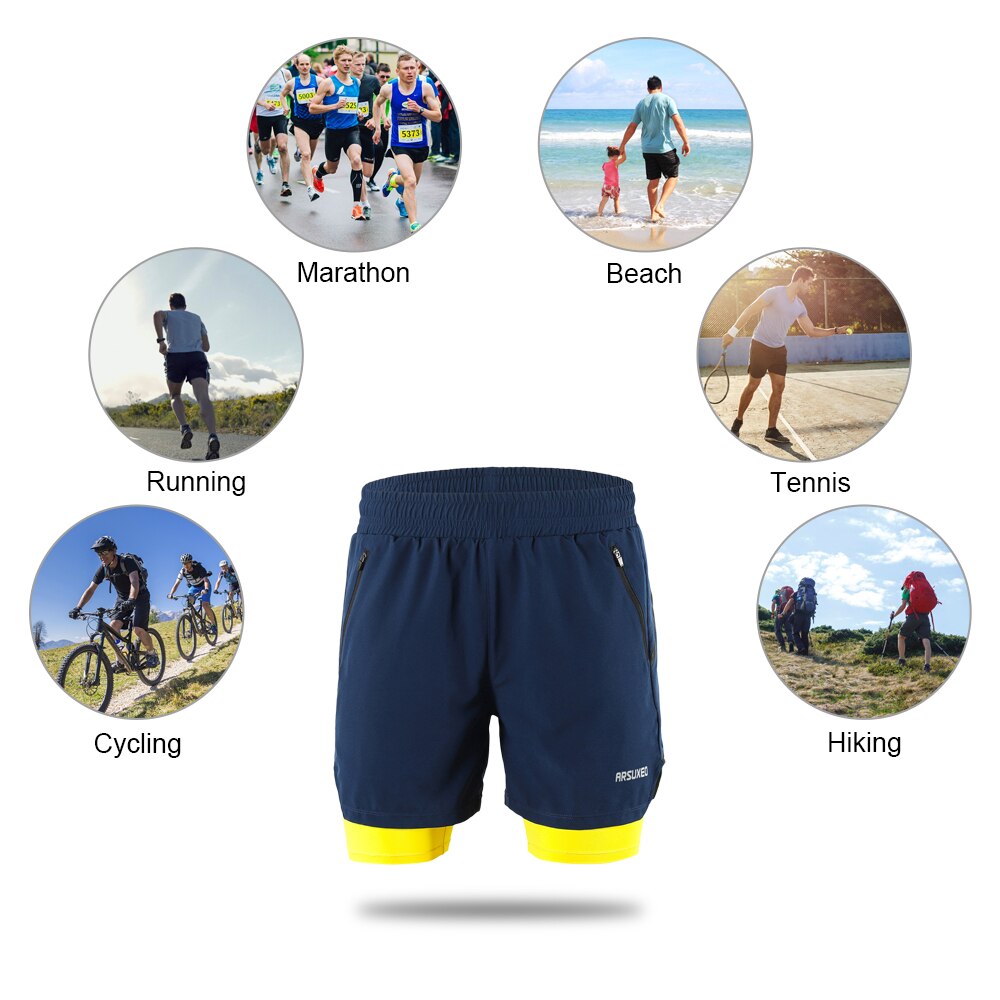 Arsuxeo Men's 2-in-1 Running Shorts Quick Drying Breathable Fitness Training Exercise Jogging Cycling Shorts with Longer Liner
