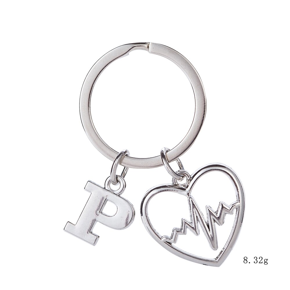 Mijn Vorm Verzilverd 26 Alfabetische Brief Hart Hollow ECG Hanger Sleutelhanger llaveros Auto Charms Sleutelhanger Arts Verpleegkundige