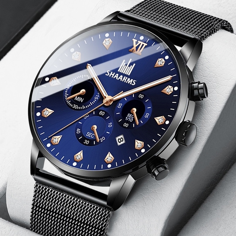 SHAARMS Men's Wristwatch Blue DialCasual Quartz Watch Stainless Steel Mesh Band Watch Date Clock Reloj Hombre
