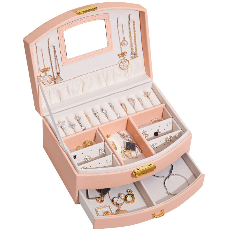 Caja de joyería de viaje portátil, cajas S/M/L, organizador de joyas de 3 capas, caja de joyería con botón, almacenamiento de cuero, Joyeroe para joyeros: Azul