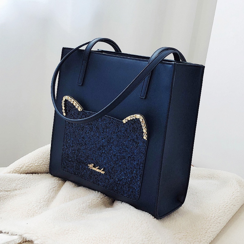 Beibaobao Mode Pailletten Kat Vrouwen Tassen Grote Schoudertassen Dames Luxe Pu Leer Totes Bag Leuke Vrouwen 'S Handtassen