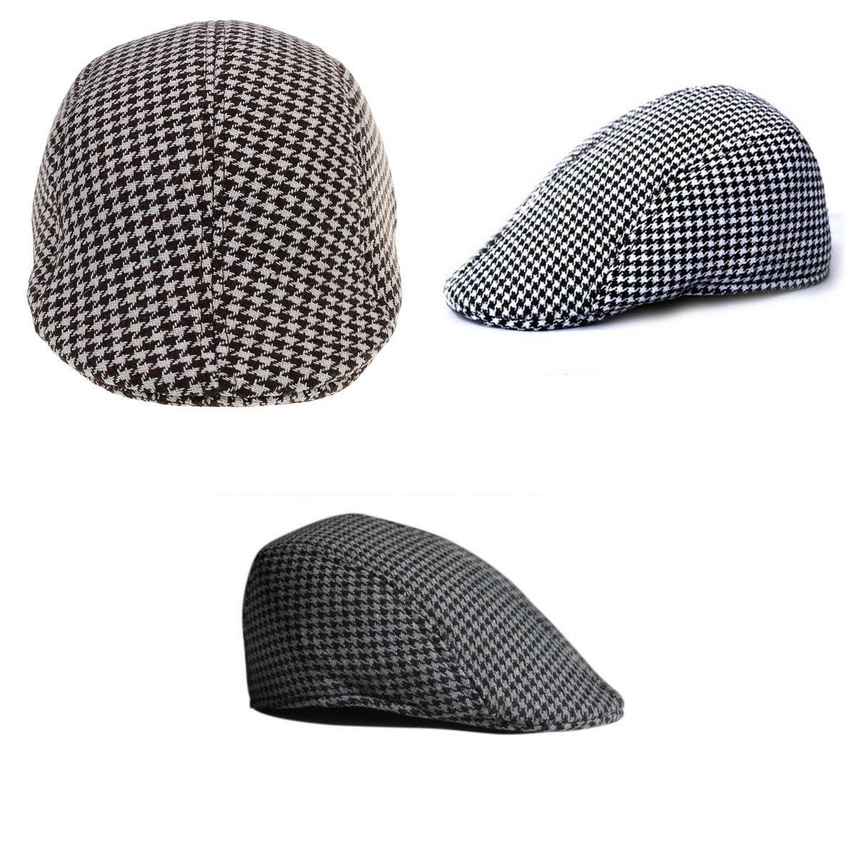 3pcs Children Kids Peaked Golf Hats Cotton Hound Tooth Beret Cap Newsboy Flat Hat Outdoor Accs Brown & White & Grey