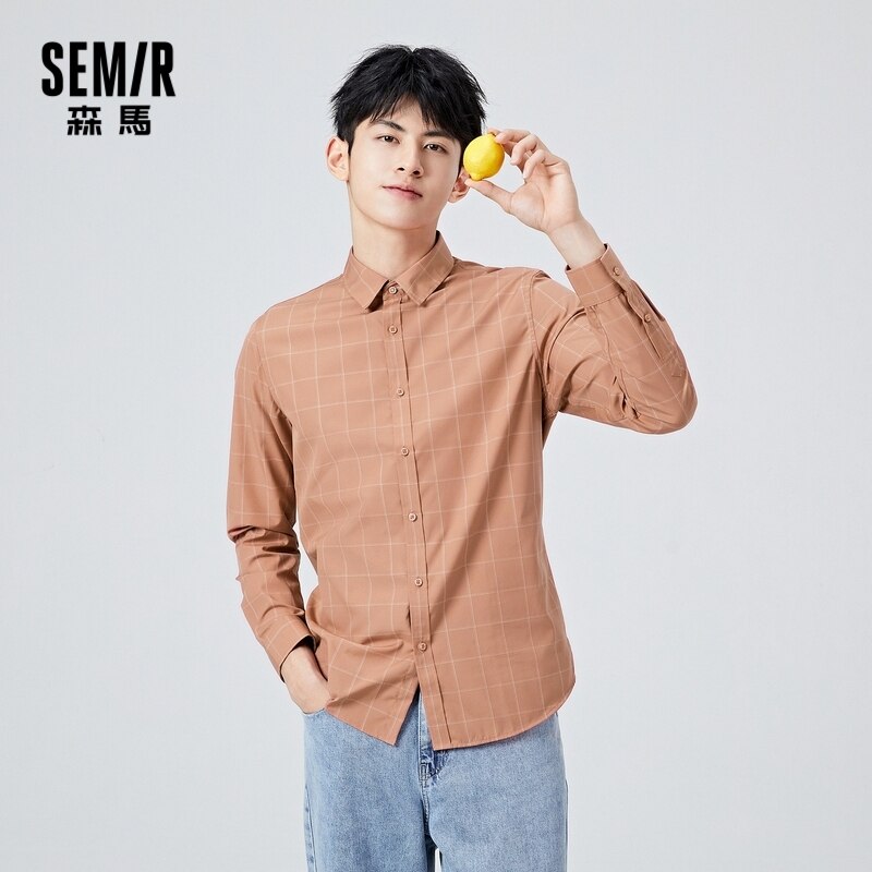 SEMIR Long Sleeve Shirt Men Contrast Color Plaid Lapel Shirts Men'S Spring Clothes For Inner And Outer Wear