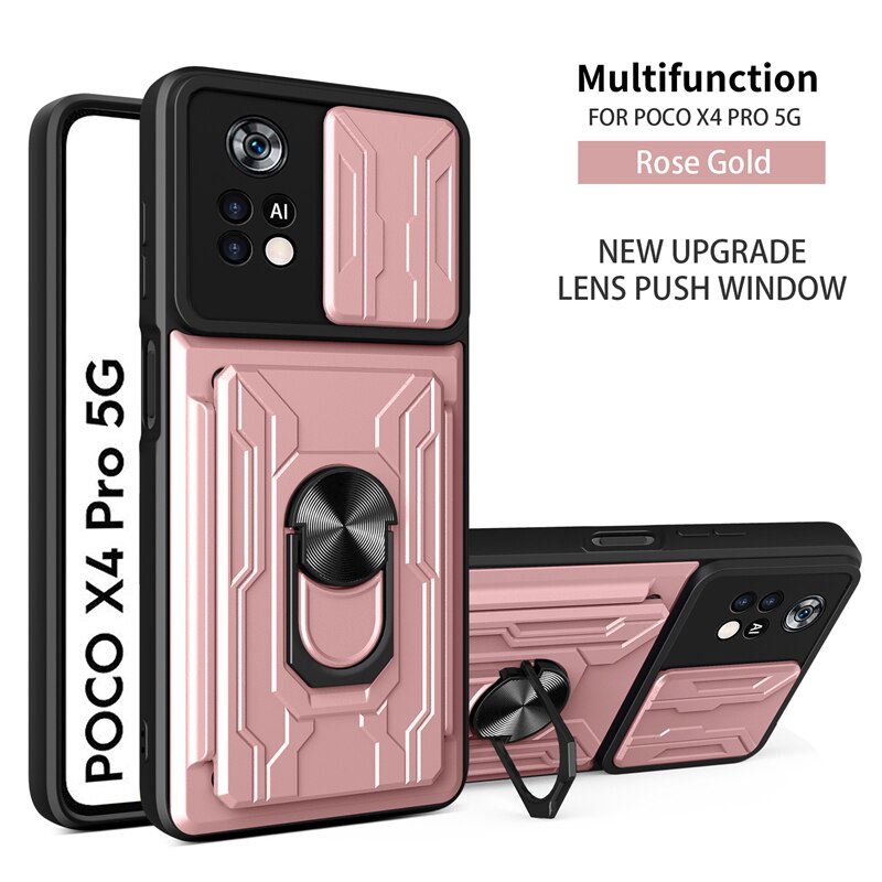 Slide Card Slot Case Voor Xiaomi Poco X4 Pro 5G Cover Zware Harde Slide Lens Bescherming Ring Case Voor pocophone Poco X4 Pro Nfc: Rose Gold