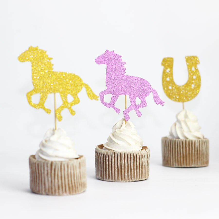 Caballo y Herradura brillo Cupcake Topper vaquera Magdalena de cumpleaños Topper vaquera de la Ducha del bebé, primer cumpleaños decoración