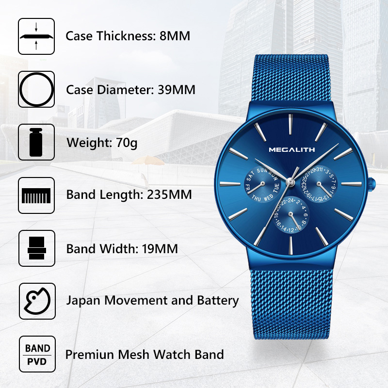 MEGALITH relojes para hombre, reloj de pulsera resistente al agua de lujo, reloj de cuarzo ultrafino para hombre, reloj deportivo Erkek Kol Saati