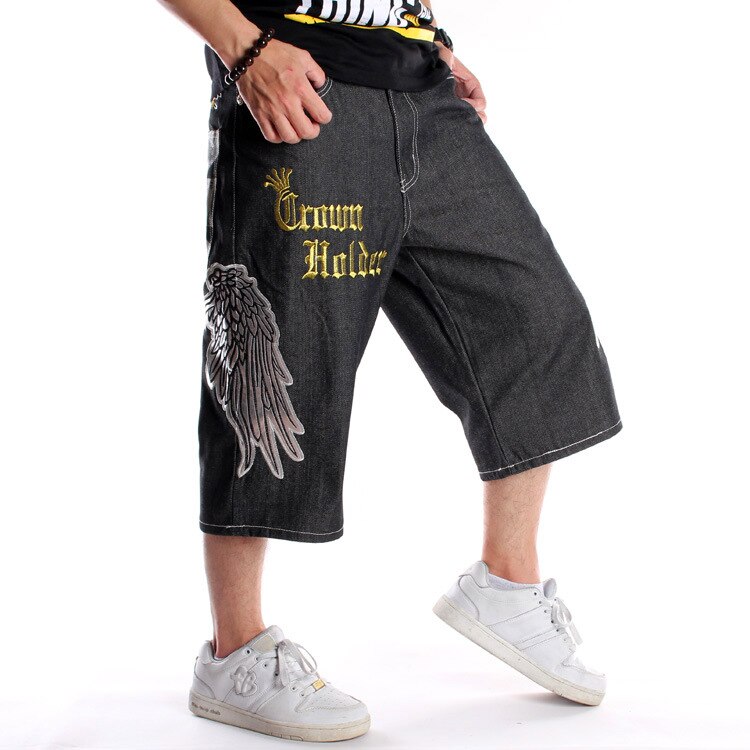 Short en jean pour hommes, jambes larges, broderie, Hip Hop, Baggy, Capri, imprimé, surdimensionné, 30-46