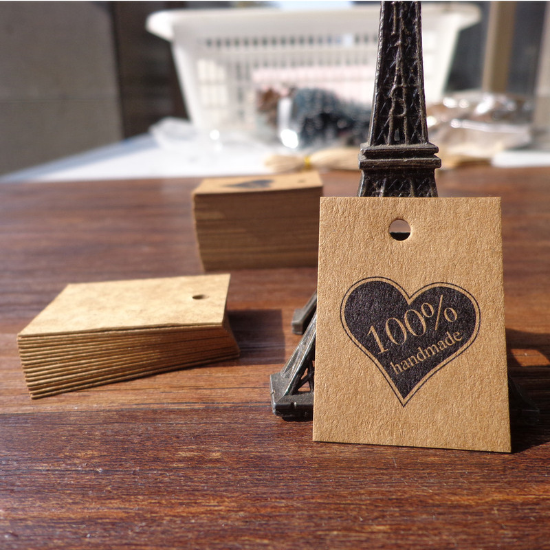 100pcs 3x4cm Vintage Kraft Paper Tags 100% Handmade Heart Mini Kraft Paper Cards Hang Tag Tag DIY Paper Labels